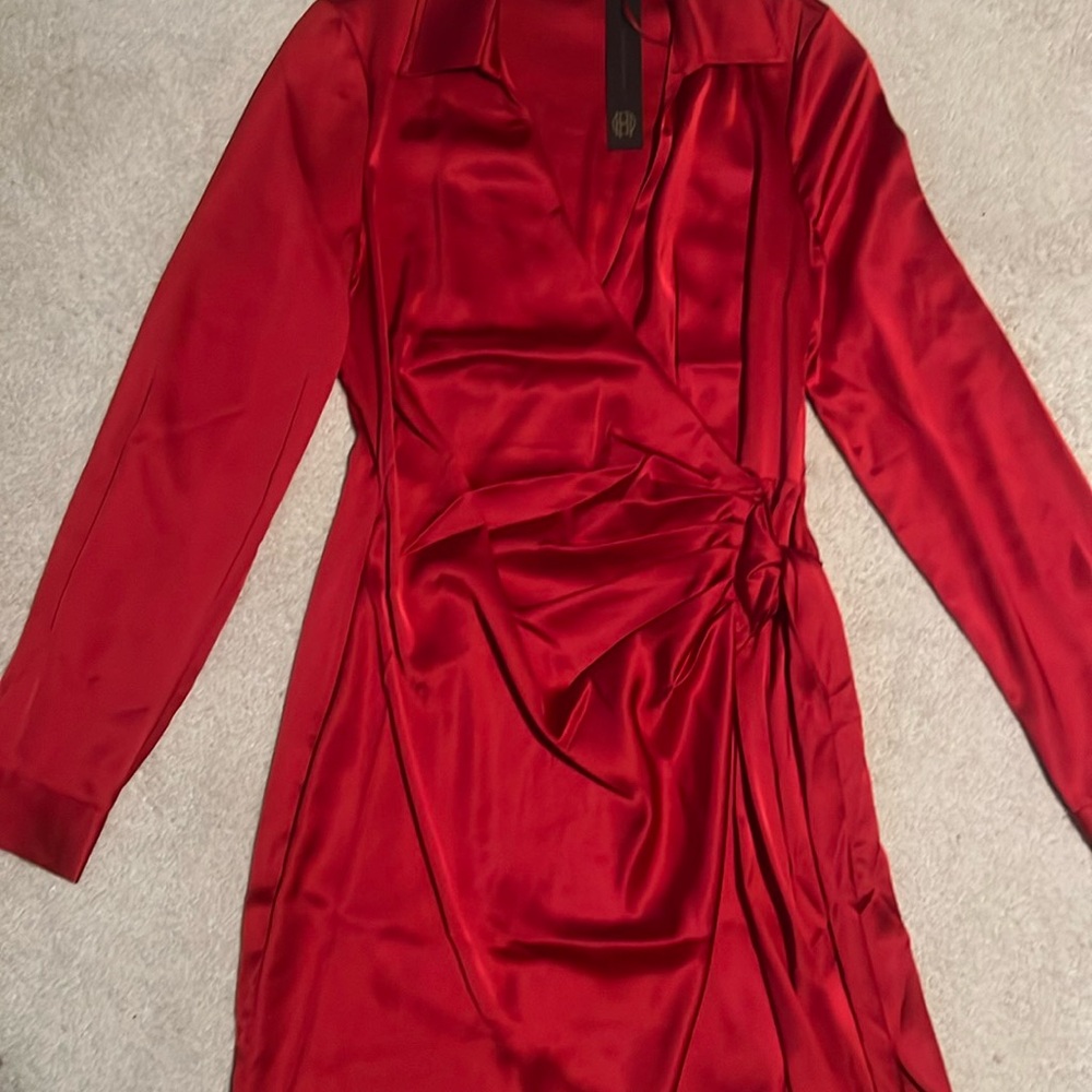 Elegant Red Satin Wrap Dress - Women
